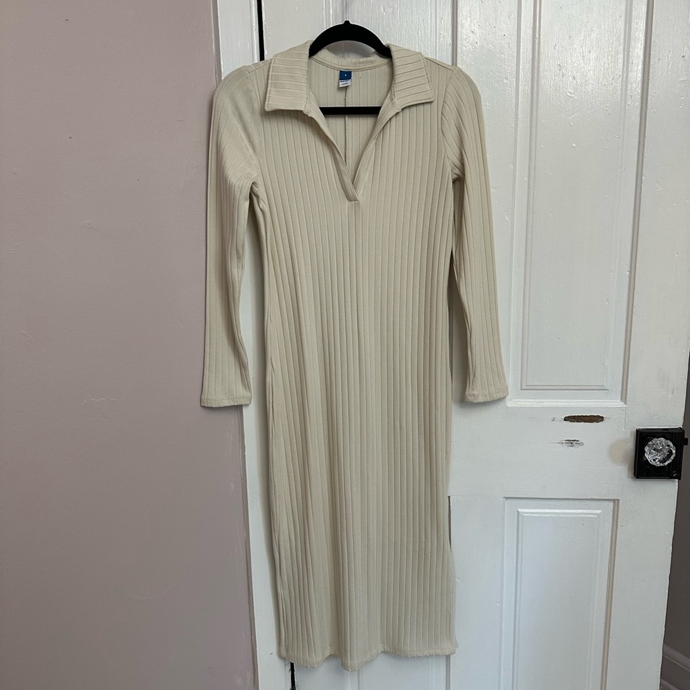 Old Navy - Fitted Rib-Knit Midi Polo Dress in wish bone (off-white)